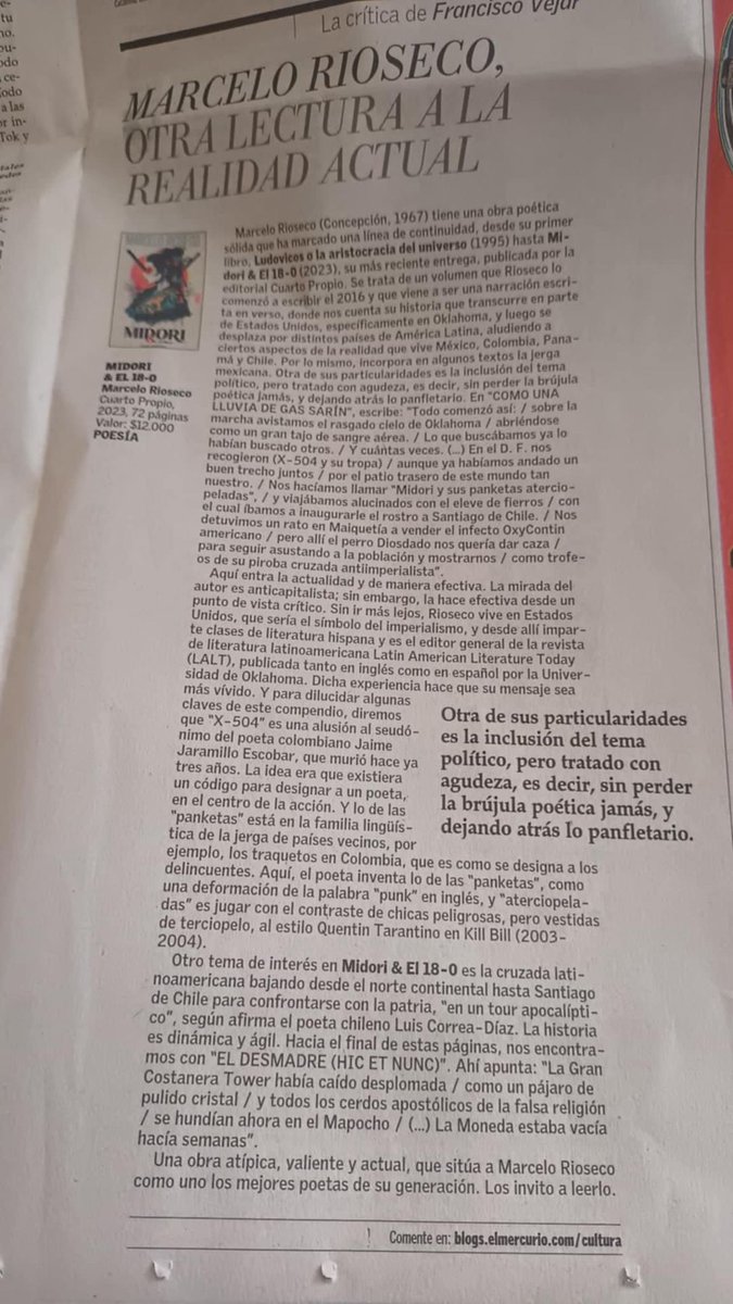 LatAmLitToday's tweet photo. “Una obra atípica, valiente y actual…”

Francisco Véjar reseña MIDORI &amp; EL 18-0 (@CuartoPropio), el nuevo libro de Marcelo Rioseco, editor general de LALT, en @ElMercurio_cl: https://t.co/xCLJ91Jaj4