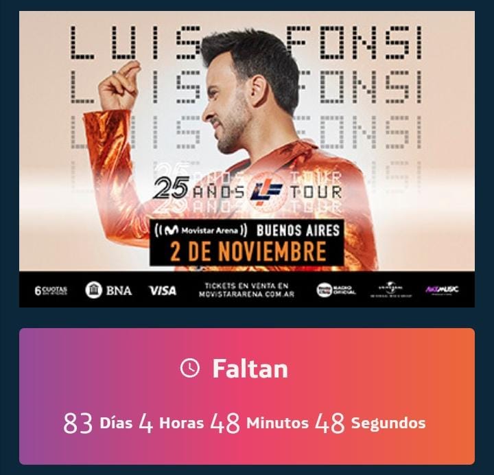Esramos contando los dias para volver a verte🇦🇷🇦🇷🇦🇷
<a href="/Fonsisangels/">Fonsi's Angels Arg</a> 
<a href="/LuisFonsi/">Luis Fonsi</a>