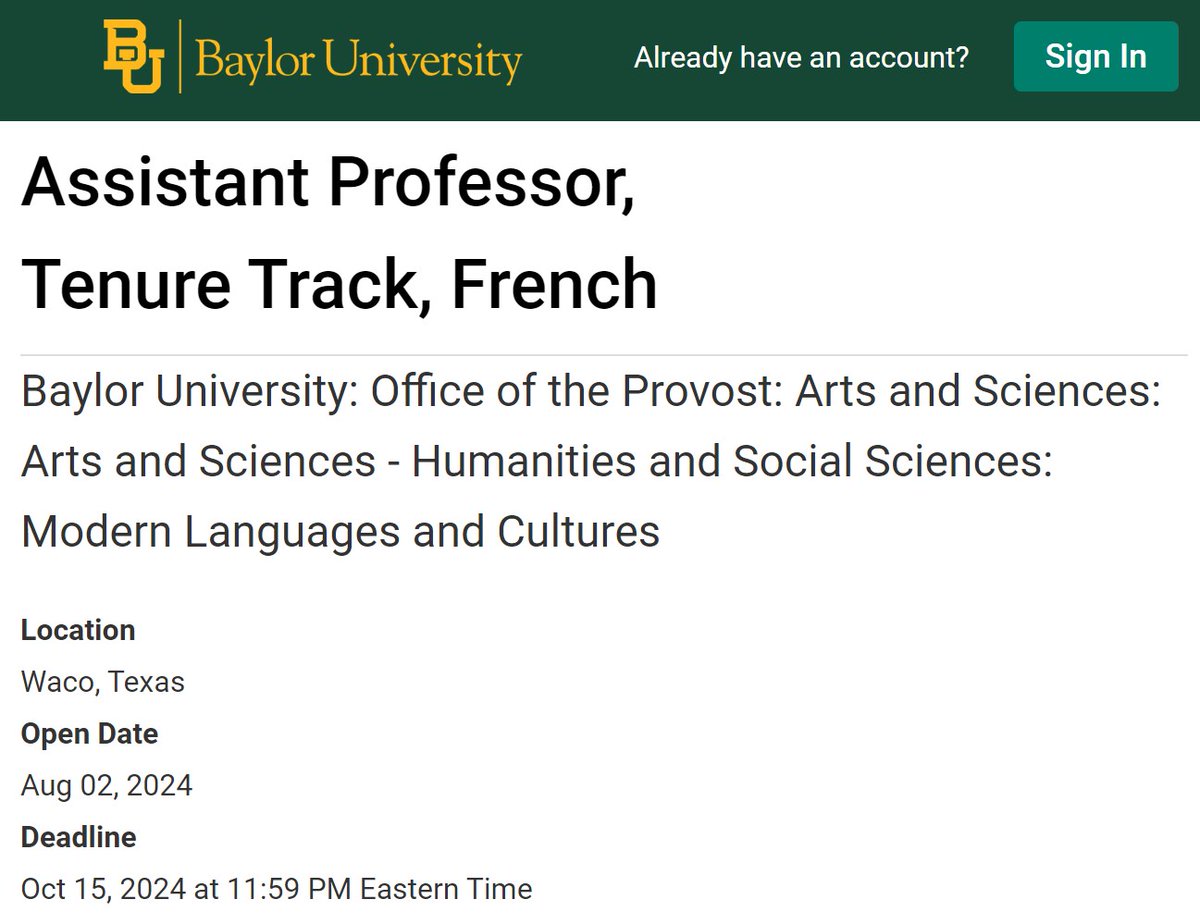 khalidlym's tweet photo. Job announcement: The Department of Modern Languages and Cultures at @Baylor is seeking applicants for an Assistant Professor position in French. Complete applications must be submitted byย 15 October 2024 https://t.co/RBMDXFqiN8 #FrenchStudies #FrancophoneStudies #teachingjobs https://t.co/fy2rUFR34w
