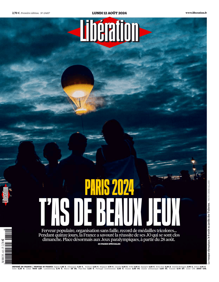 #Paris2024 : t'as de beaux Jeux ✨ 

Voici la une du numéro spécial de <a href="/Libe/">Libération</a> lundi. 

20 pages consacrées au bilan des JO, avec la une en format large sur deux pages.