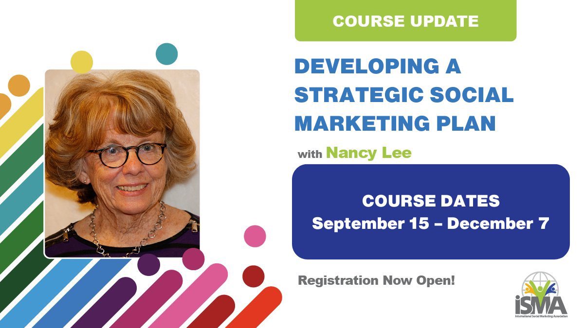 Starting September 15! ⏰ 
💻 Join the next 12-week online course on
"Developing a Strategic Social Marketing Plan" with renowned Nancy Lee &amp; progress your career in Social Marketing! 
Book your seat today👇🏻
bit.ly/iSMA-Learning 
#socmar #social_impact