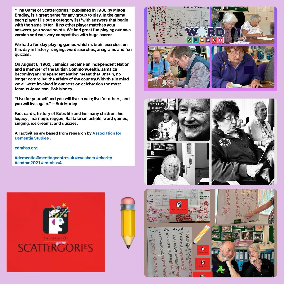 eadmc20's tweet photo. We had a fun day playing games which is brain exercise, on this day in history, singing, word games &amp; fun quizzes.

6/8/62, Jamaica became Independent

Fact cards,history of Bobs life &amp; children,his legacy , marriage,reggae,Rastafarian,word games, singing, &amp; lollies.
#dementia https://t.co/qQLjd7srja