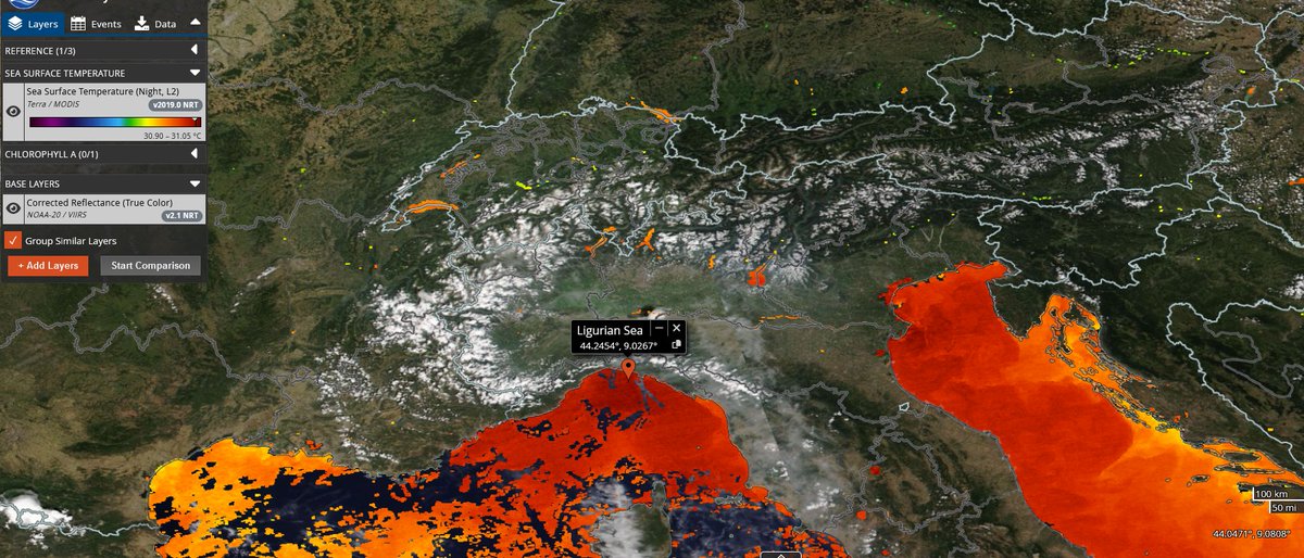 Joackiie's tweet photo. Sonniger Sommersonntag in den Alpen ... NOAA20-VIIRS.
#Wassertemperatur vor der italienischen Riviera (#Ligurien) teils >31°C! https://t.co/4xzWEy8yoU