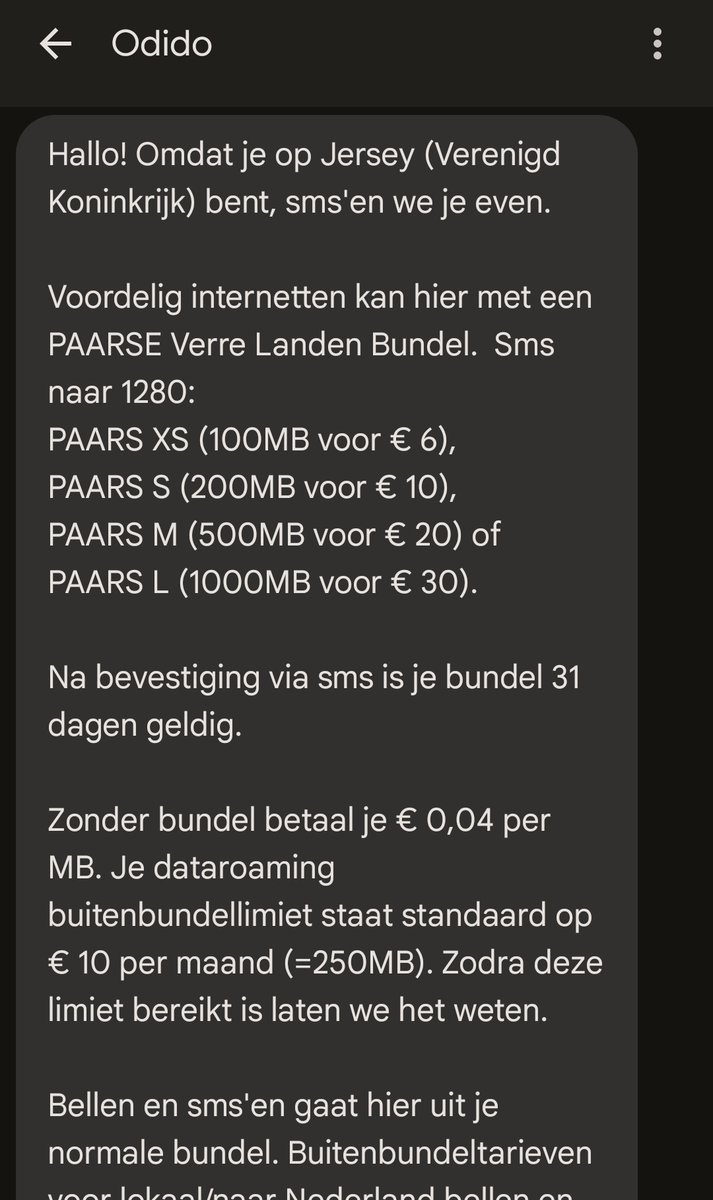 MatCacao's tweet photo. @odidonederland Ik ben op Jersey en op jullie website staat dat dit binnen de EU zone valt en daarmee binnen mijn bundel. Maar ik kreeg bij aankomst dit sms'je waar uit het lijkt alsof dat niet zo is. Het valt toch wel binnen zone EU, waardoor ik niet hoef te betalen? https://t.co/TCtmyYCuvA