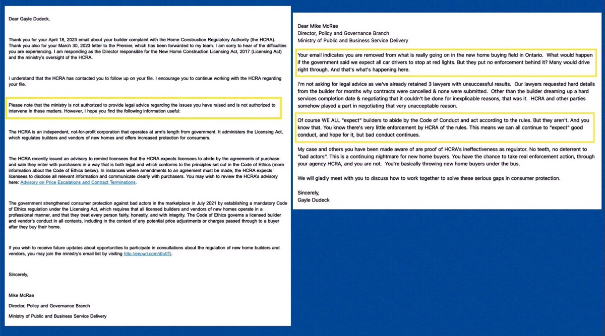 GayleDudeck's tweet image. Hopefully the new Assistant Deputy Minister … Barbara Duckitt together with @ToddJMcCarthy can ‘start’ providing policy oversight to @hcraontario &amp;amp; @Tarion_ON.
New home buyers deserve so much more. 
#ShamCodeOfEthics 
My efforts didn’t go anywhere. #DevelopersRule ⬇️