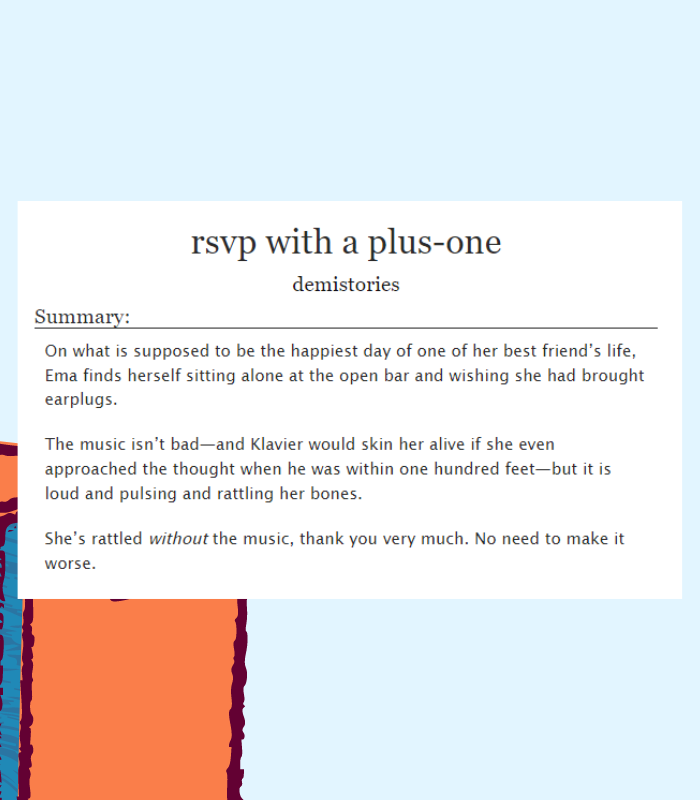 rsvp with a plus-one  

🥂 word count: 2,024
🥂 my piece for <a href="/aaweddingzine/">Lawfully Wedded @ COMPLETE!</a>! #EmaSkye #KayFaraday #Faraskye 

ema is supposed to be enjoying klavier's wedding. instead, she's freaking out at the bar.
archiveofourown.org/works/58105003