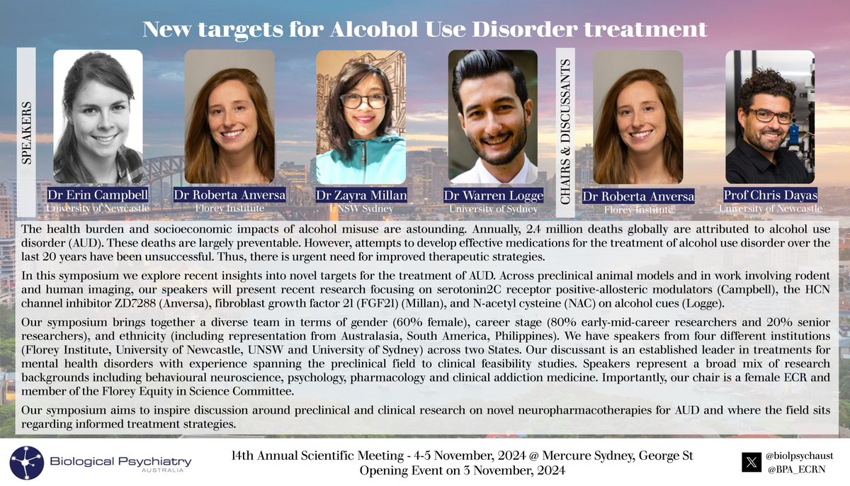 Biological Psychiatry Australia (@biolpsychaust) on Twitter photo BPA2024 | FIRST SYMPOSIUM ANNOUNCEMENT
New Targets for Alcohol Use Disorders Treatment
Chairs and Discussants: <a href="/anversa_roberta/">Roberta Anversa</a> & <a href="/neuronewy/">Chris Dayas</a>
Speakers: <a href="/erin_j_campbell/">Erin Campbell</a>, <a href="/anversa_roberta/">Roberta Anversa</a>, Dr Zayra Millan & <a href="/WarrenLogge/">Warren Logge</a>
BPA 2024 | 3-5 November | Sydney BPA2024 | FIRST SYMPOSIUM ANNOUNCEMENT
New Targets for Alcohol Use Disorders Treatment
Chairs and Discussants: <a href="/anversa_roberta/">Roberta Anversa</a> & <a href="/neuronewy/">Chris Dayas</a>
Speakers: <a href="/erin_j_campbell/">Erin Campbell</a>, <a href="/anversa_roberta/">Roberta Anversa</a>, Dr Zayra Millan & <a href="/WarrenLogge/">Warren Logge</a>
BPA 2024 | 3-5 November | Sydney