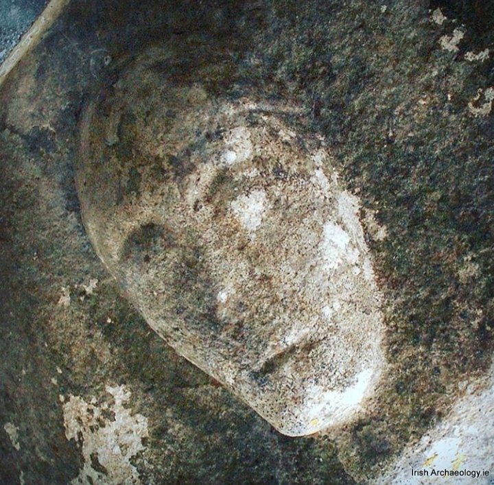 Medieval face adorning a stone font at Brideswell, Co Roscommon
