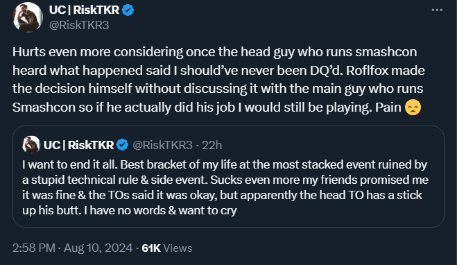 kongmunism's tweet photo. I know you work really hard to make this event succeed, and I have a lot of respect for anyone in that position, but I can say with 100% certainty that Ouch!? would not intentionally break the rules like this to gain an advantage, especially not for Smash 4 Doubles of all things.

If he says they cleared it with the person in charge of their bracket before they did anything, I'm inclined to believe him over the word of a TO who seemed almost gleeful at the prospect of "getting to send [players] home" and making them "meet [your] wrath" (see screenshot #1). Just because your bracket staff didn't post about it in the Discord doesn't mean the interaction didn't happen, and it's not hard to imagine a scenario where a pool captain would give verbal approval for something like this under the assumption that it's really not a big deal.

Should the players have done this in the first place? Of course not. Should the pool captain who cleared it have passed it up the chain to get an answer from someone on the core team? Absolutely! But it is asinine to feel justified in kicking everyone involved out of ALL of their brackets over it, 2 days after the incident occurred, and including the player who did nothing but have someone else use his tag! Tell me how that makes any sense at all? 

When the head of the entire event agrees with the players that this was the wrong decision (see screenshot #2), I don't see how you can still defend your actions here. You can say that players should not have listened to their pool captains, but asking the person running your bracket questions about how things work and what you're allowed to do is EXACTLY what they're there for. It speaks to a fundamental issue with how the bracket team is treated at this event to talk about them like they don't have the knowledge or the agency to inform players of the rules of the event they are helping run. Are you not doing training sessions with staff before the event? Are you not providing them with easy access to the tournament rules for reference? Are you not giving them a clear outline of what to do and who to come to in the case of questions or concerns?

From the person who was complaining about low volunteer numbers earlier this weekend, and reveling in the idea of reducing the number of events players can enter or cutting Doubles entirely to compensate "because fuck Doubles" (see screenshot #3), I have a hard time taking your word at face value here. If you're offering pay per shift in addition to other perks, these aren't volunteers. They're staff members, and you need to train them and treat them as such. Imagine someone coming to Supernova as their first tournament, asking their pool captain for clarification when they're unsure of the rules, and getting told 2 days later that they're being kicked out of the event for listening to what said pool captain told them. But too bad, that's on them for trusting the person you tasked with helping them navigate their bracket, right? I thought it was an issue with marketing and outreach when you were talking about volunteer numbers the other day, but now I'm picking up that there might be another issue entirely at play here.

You claim that there weren't even any TOs in the building on Thursday other than Cagt, File, and yourself (see screenshot #4), and that none of you were aware of this, but then who was running the bracket? Who were these players reporting their scores to? You're telling me that that individual didn't know who these well-known, highly-seeded players were? If there were no other TOs in the entire building, as you say, why did you make a point to "check the entire Discord conversation" as you claim in your post above? You can't have it both ways, either you were directly involved with running this pool and were oblivious to what was happening until 2 days later when you decided to retroactively do something about it, or there were other people the players could have asked that you're not mentioning.

Even after all this, I can sympathize with the stressful position you're in, and I don't envy having to deal with all of this in the middle of trying to run a massive supermajor. I don't fault you for dispensing justice in the case of a breach of the rules, and removing players from a bracket that they didn't enter is more than reasonable, especially when you suspect malice. However, doubling down when more information comes out and refusing to acknowledge any wrongdoing here is not it, man. It's one thing to make a snap decision in the heat of the moment, but I can't wrap my head around taking 48 hours to make such a disproportionally extreme ruling in a completely separate bracket to players who demonstrably tried to do the right thing while playing in the chill Thursday brackets. Even if you deleted them now, to come on here and make self-righteous posts about sending players home and making them meet your wrath spits in the face of all the hard work the rest of the team does to make events like this enjoyable, and the attendees who pay hundreds of dollars and travel from all over the world to attend them. There is zero justification for a high-level staff member who represents the tournament to speak about its volunteers, its attendees, and its brackets with so much disdain and reckless abandon.

I hope, after the stress of Supernova has subsided, you're able to reflect on why the reaction to this incident got so blown out of proportion and use it to rethink some of the processes in place, not just for staffing and tournament logistics, but also for your approach to public relations, crisis management, and dispensing of justice. At the end of the day, we're all a part of the same community and we all want to do our best and have a good time. As long as we remember that and use it to guide us instead of being fueled by hate and spiteful retribution, we can accomplish some great things. My DMs are open if you ever want to talk more in the future, and I wish you the best of luck with the remainder of the event.
