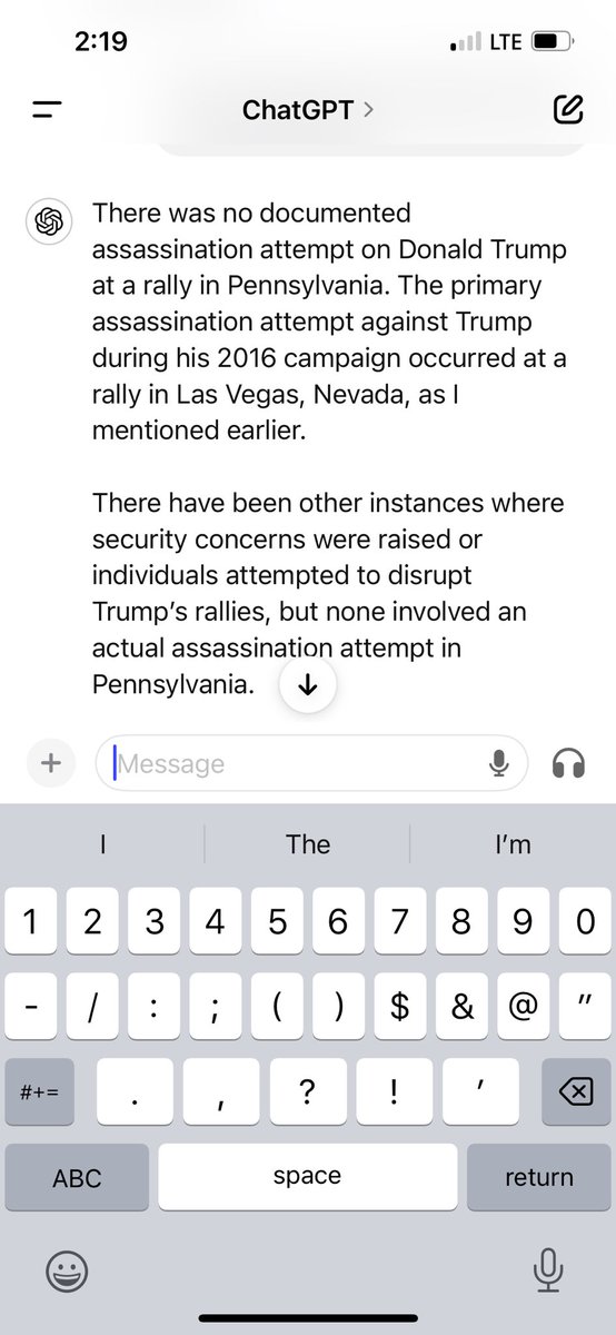 dtrobbins's tweet photo. Hey @ChatGPTapp you may want to update things as last I checked @realDonaldTrump was shot at rally in Pennsylvania. But hey there’s no bias with GenAi right?! https://t.co/IG4roBzHAB