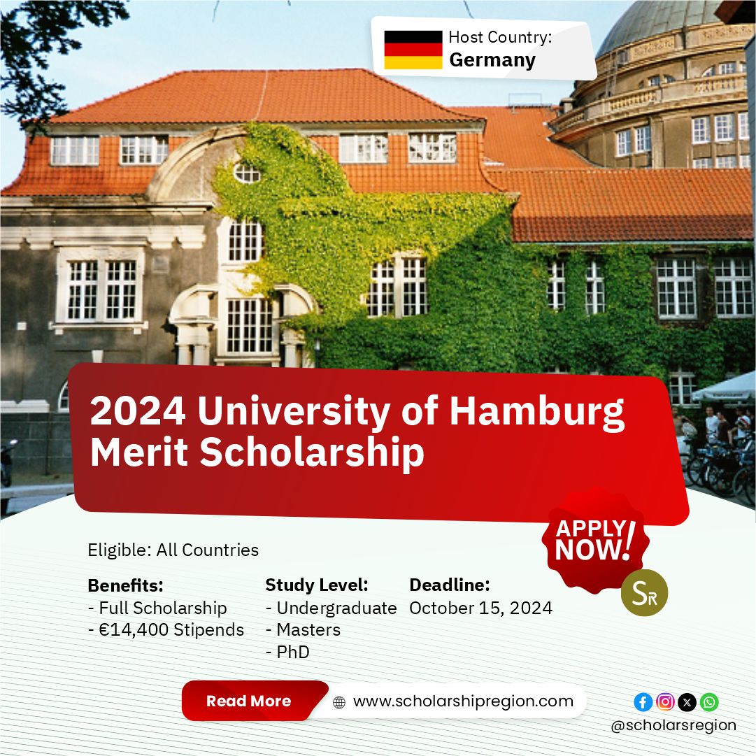 scholarsregion's tweet image. 2024 University of Hamburg Merit Scholarship

Country: Germany🇩🇪
Benefit:
⭐Full scholarship &amp;amp; a stipend of €14,400 per year

Category: Undergraduate, Masters &amp;amp; PhD
Eligible: All Countries
Deadline: October 15, 2024

APPLY↙️
scholarshipregion.com/university-of-…