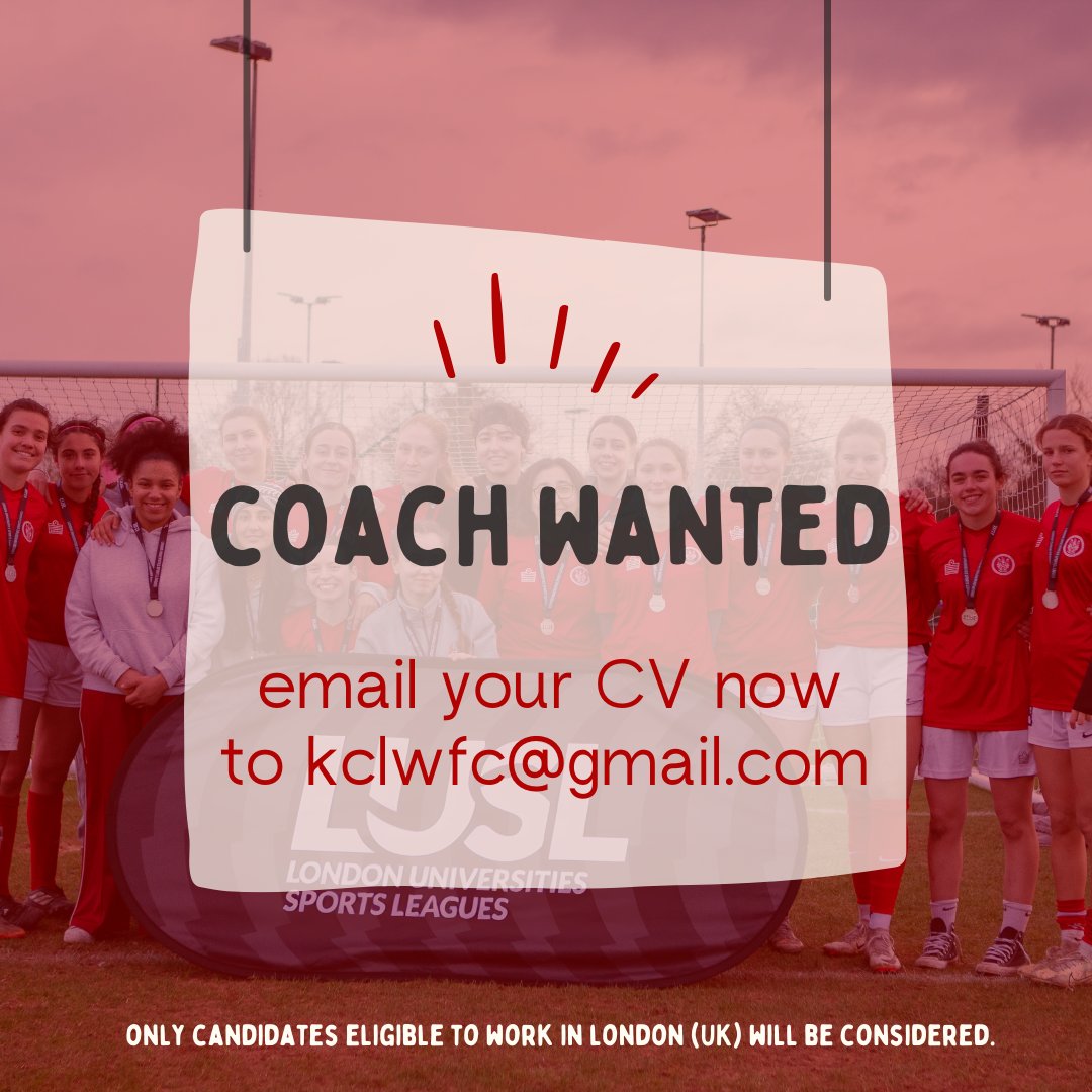 FOOTBALL COACH AVAILABILITY FOR OUR FIRST TEAM! 

View the job here on LinkedIn for more details: linkedin.com/jobs/view/3998…

Please email kclwfc@gmail.com for any questions and to apply (with appropriate CV). 

You MUST be eligible to work in London (United Kingdom)

#HIRING #JOB