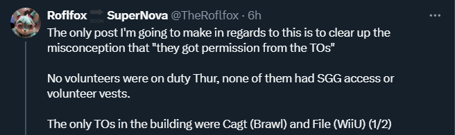 <a href="/TheRoflfox/">Roflfox</a> I know you work really hard to make this event succeed, and I have a lot of respect for anyone in that position, but I can say with 100% certainty that Ouch!? would not intentionally break the rules like this to gain an advantage, especially not for Smash 4 Doubles of all things.