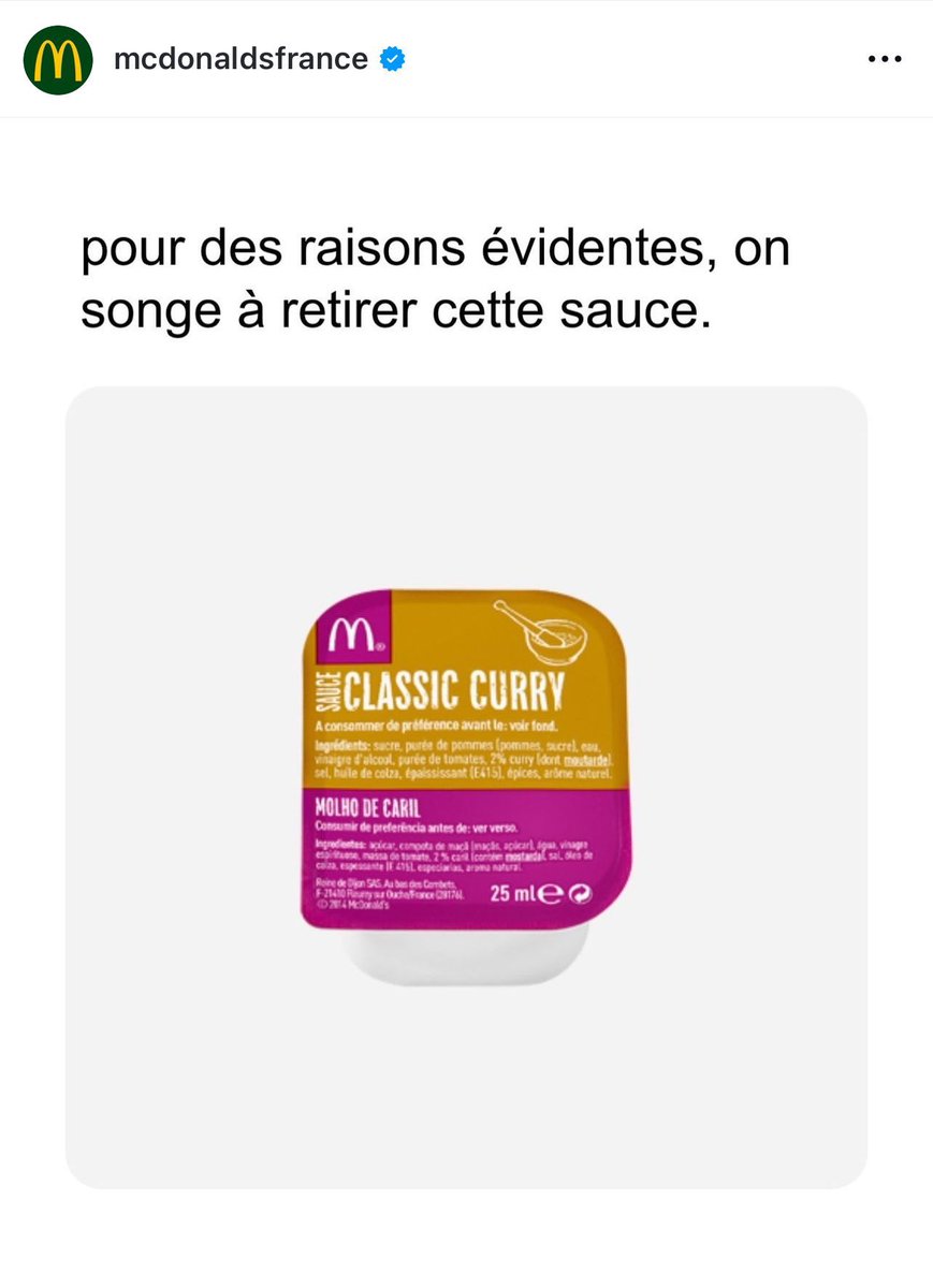 PasionBasketNBA's tweet image. La cuenta oficial del McDonalds de Francia publica esto:

“Por razones obvias, estamos considerando eliminar esta salsa”

😂😂😂