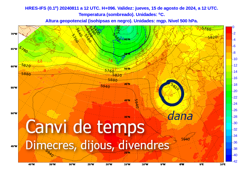 Es va confirmant el canvi de temps. ⛈️📉
Forta inestabilització de l'atmosfera a partir de dimecres 14 d'agost.

Ruixats i tempestes molt intensos.

Una ona freda de la circulació atmosfèrica de nivells alts penetrarà a la Mediterrània i s'aïllarà en forma de dana.