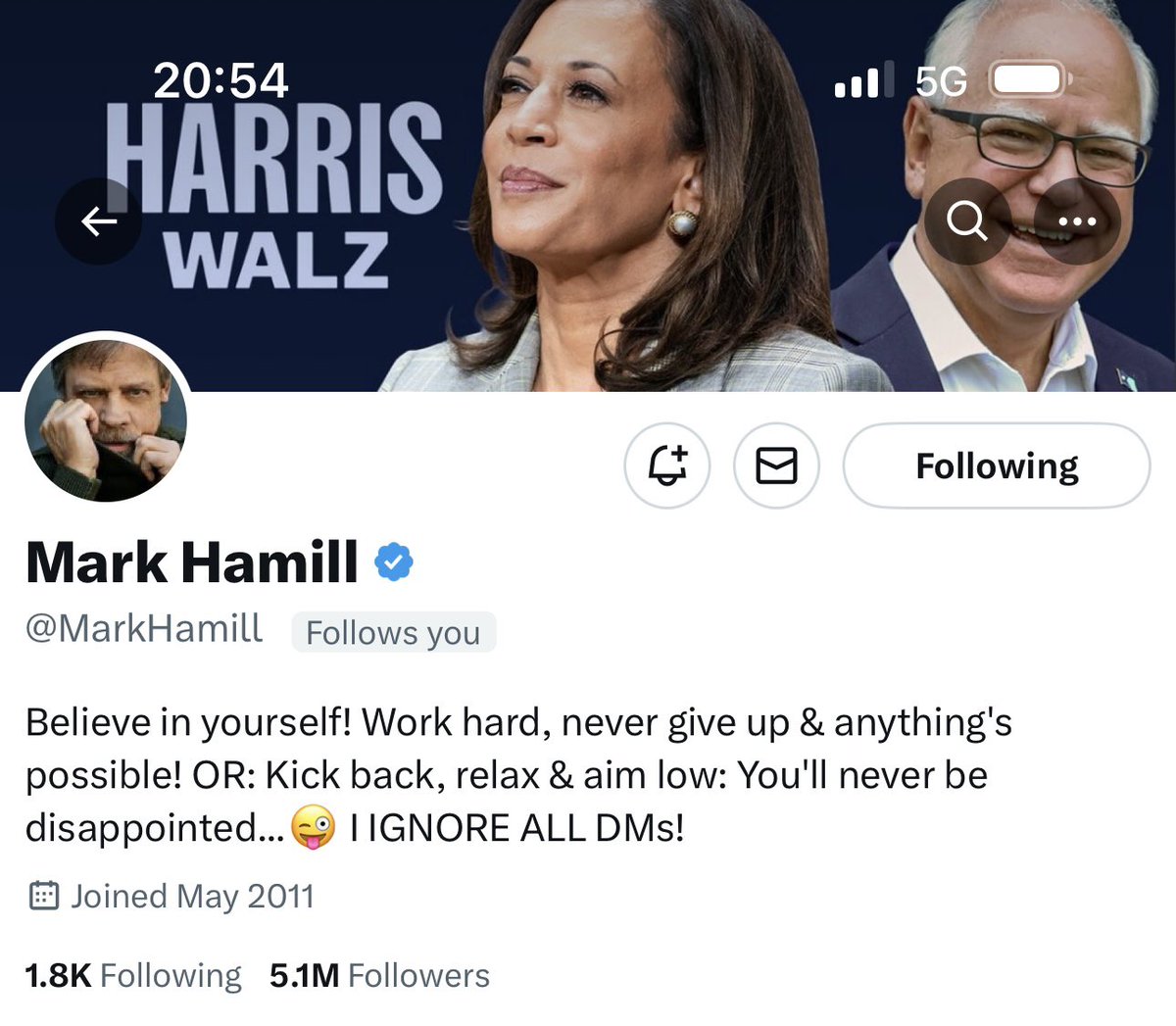 There are a few moments that leave me 
speechless on Twitter. Getting a follow from 
<a href="/MarkHamill/">Mark Hamill</a> is one of them. You've been 
inspiring me for years and continue to do 
so Mark I'm so honoured thank you so much.
