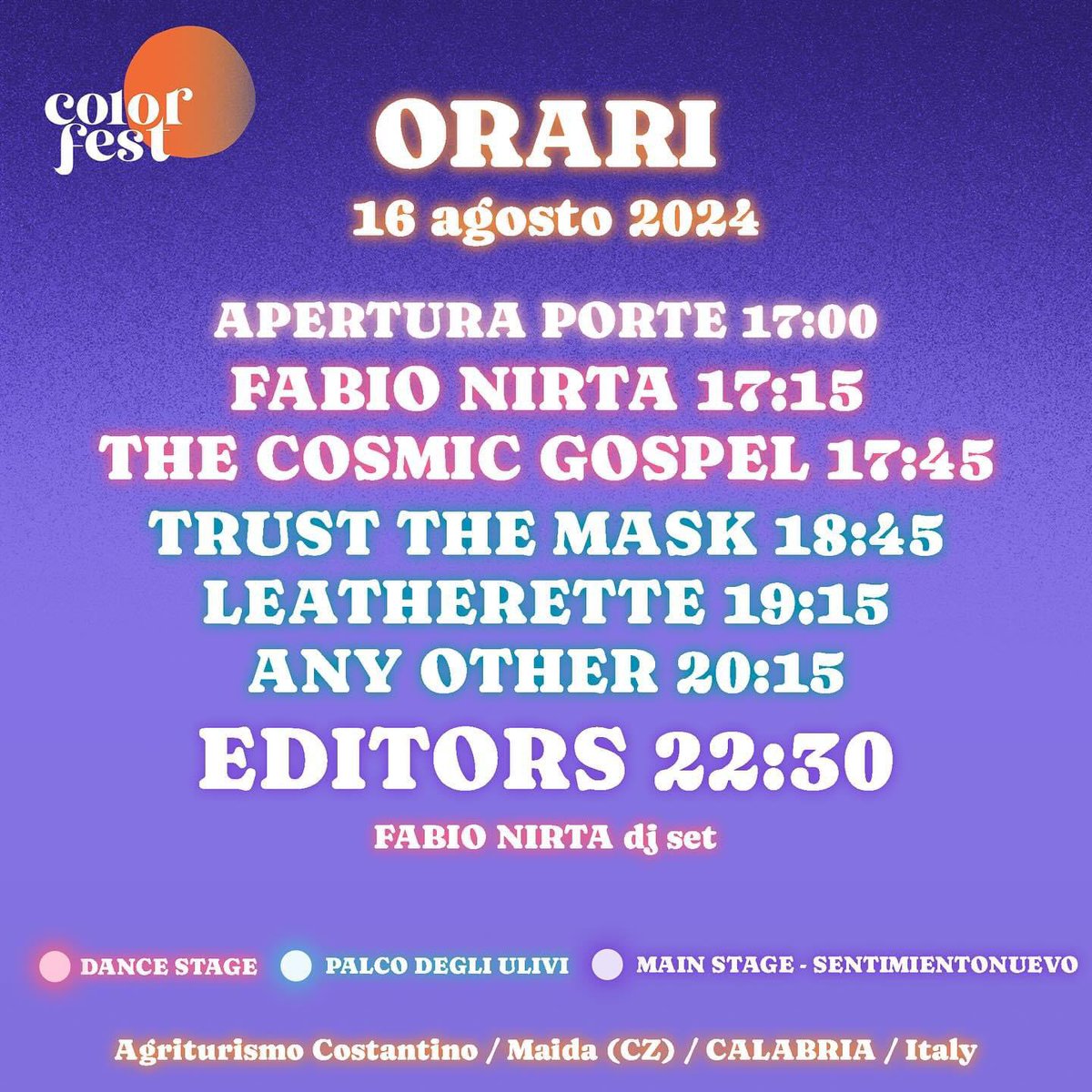 Ecco gli orari ufficiali per la giornata di venerdì 16/8 al Be Color Color Fest a Maida (Catanzaro): da scaletta gli <a href="/editorsofficial/">EDITORS</a> saliranno sul palco alle 22:30.  
Buon concerto a tutti! 🔥 #editors