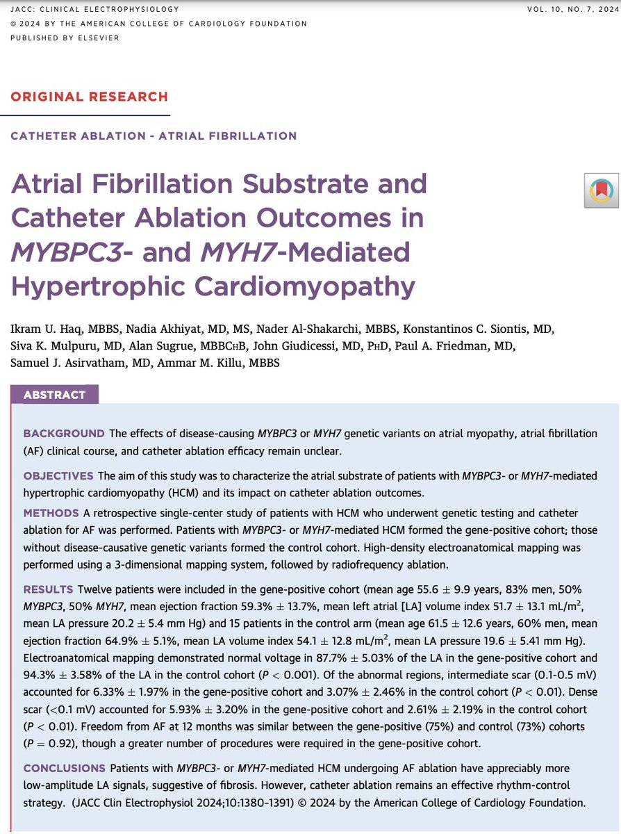 Ikram Haq, MD (@ikramhaqmd) on Twitter photo Excited to share our 📜 in <a href="/JACCJournals/">JACC Journals</a> EP where we demonstrate HCM with MYBPC3 & MYH7 variants have more extensive underlying atrial substrates:
jacc.org/doi/10.1016/j.…
Thanks to <a href="/LeonDinshaw/">Leon Dinshaw</a> & #Meyers for the accompanying editorial:
jacc.org/doi/epdf/10.10…
<a href="/MayoCVFellows/">Mayo Clinic Rochester Cardiology Fellows</a> Excited to share our 📜 in <a href="/JACCJournals/">JACC Journals</a> EP where we demonstrate HCM with MYBPC3 & MYH7 variants have more extensive underlying atrial substrates:
jacc.org/doi/10.1016/j.…
Thanks to <a href="/LeonDinshaw/">Leon Dinshaw</a> & #Meyers for the accompanying editorial:
jacc.org/doi/epdf/10.10…
<a href="/MayoCVFellows/">Mayo Clinic Rochester Cardiology Fellows</a>
