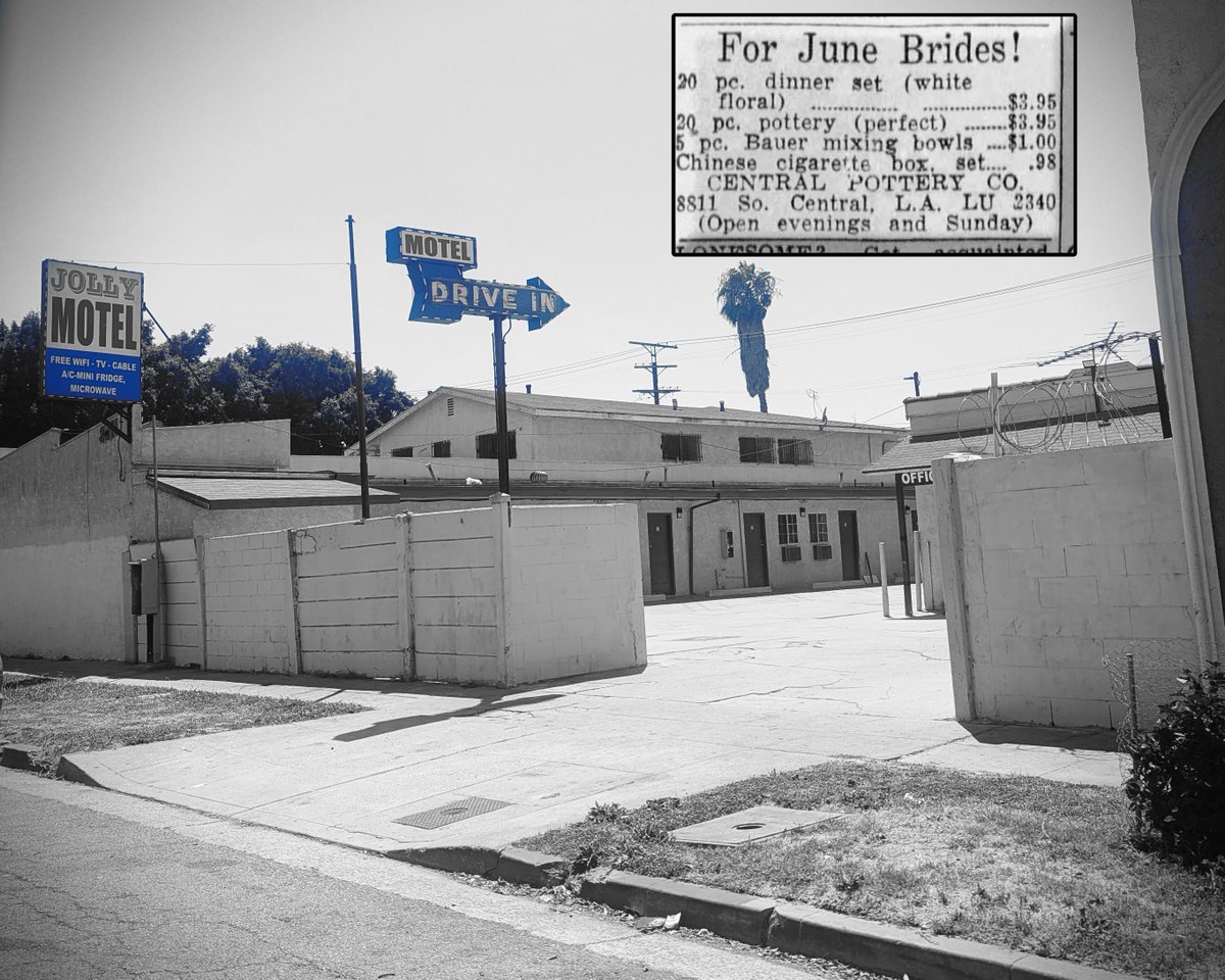 esotouric's tweet photo. Before the Jolly Motel at 8811 S. Central advertised a thrilling time with that alluring arrow, this was Central Pottery, offering Bauer and other lush glazed essentials for those setting up house. #signgeeks #signswitharrows #esotouricroadtrip https://t.co/RgJsm1jd45