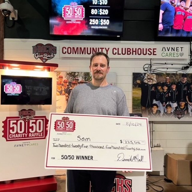 DbacksGiveBack's tweet photo. Congratulations to Sam from Phoenix, our record-breaking #DbacksGiveBack 50/50 Raffle, supported by @Avnet Cares, winner!
Thank you @dbacks fans for making history last night and raising over $225K for our community programs β€οΈπͺ https://t.co/S5t46KRte4