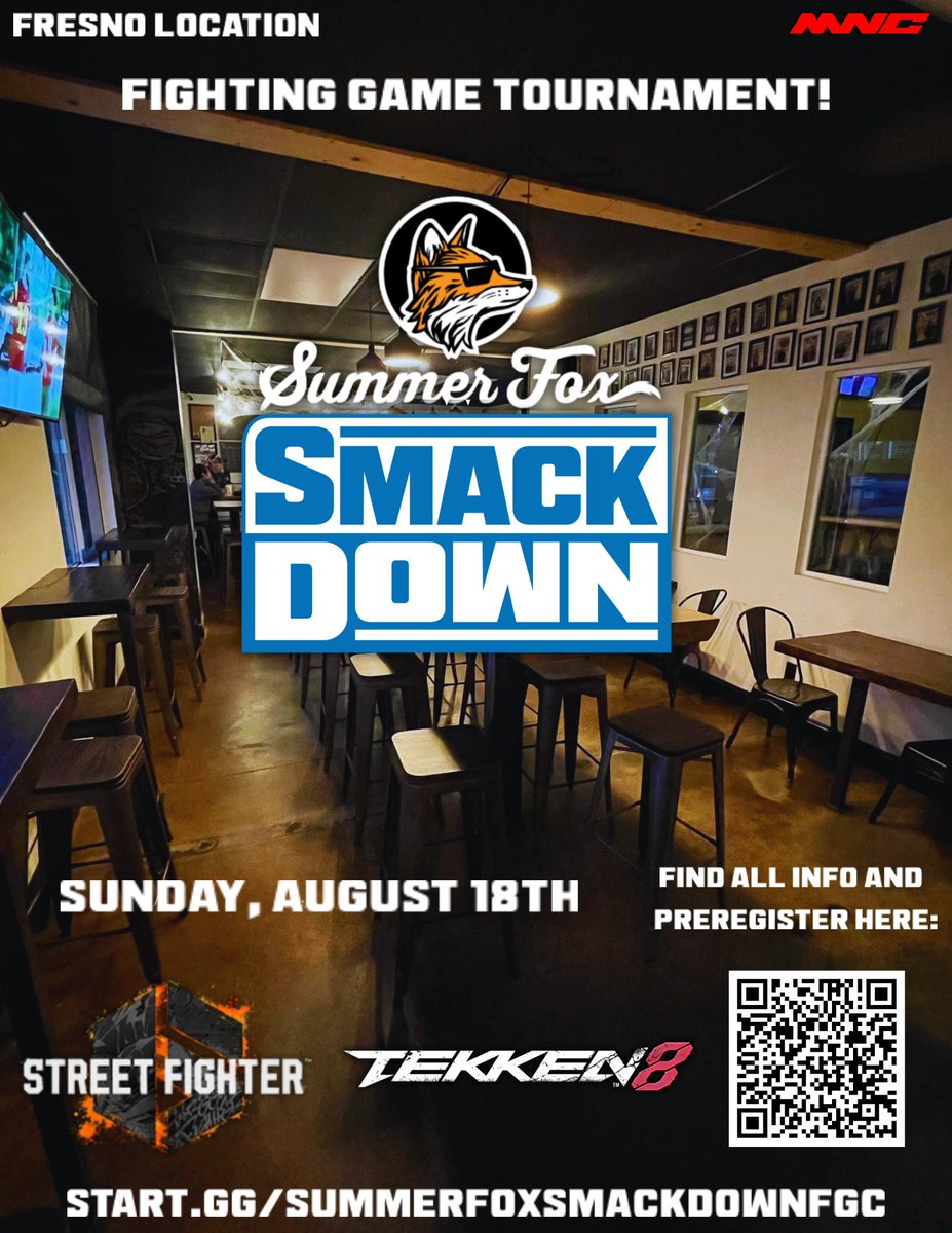 We're ONE WEEK AWAY from our August edition of Summer Fox Smackdown (FGC) on Sunday, August 18th!

feat. once again: SF6 &amp; Tekken 8!

Register below! ⤵️