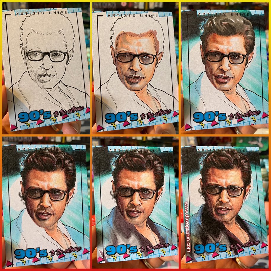 🦖 A little portrait of Jeff Goldblum, drawn with Copics &amp; Polychromos pencils. WIPs for good measure too. ✏️
