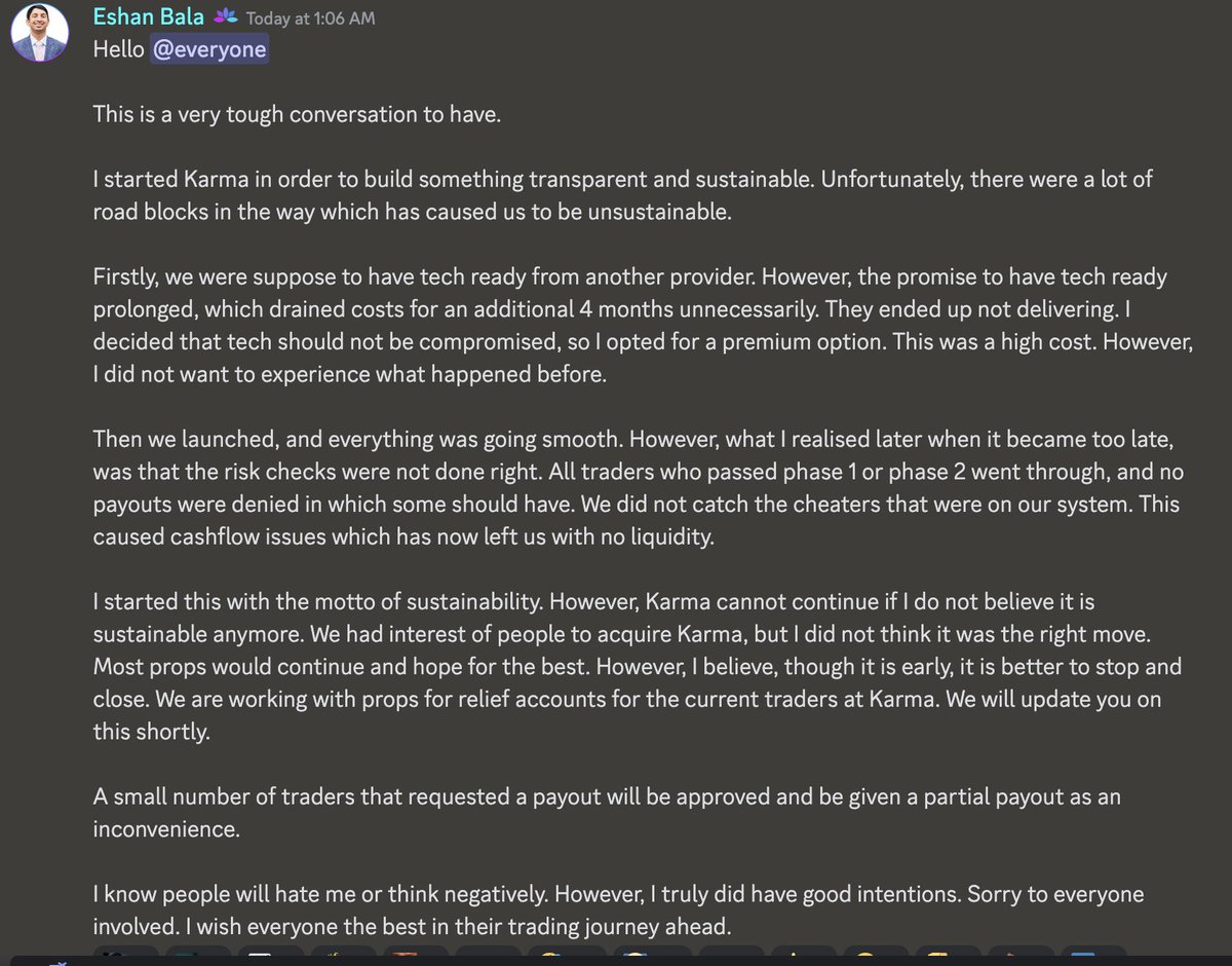 TheTrustedProp's tweet image. Another firm gone, @karmaproptrader...

Website no longer operating, Discord chats are closed. 

Drop your thoughts in comments 👇