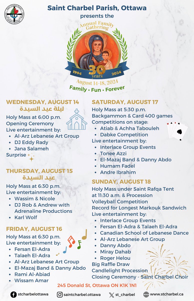 St_Charbel's tweet photo. We cannot wait to welcome you all to our #30VMG, happening from August 14 to 18!
Full program available here: https://t.co/r5Ysdf53UY https://t.co/UG6IabYlnV