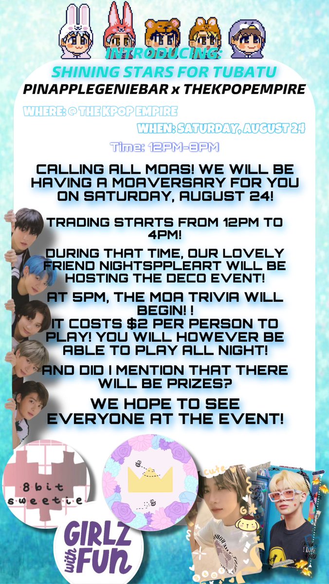 thekpopempire's tweet photo. calling all moa!!! the k-pop empire will be hosting a trading, deco, and moa trivia event, August 24! we hope to see you all there~ #kpopevent #txt #txtevent #kpopseattle #thekpopempire #kpop https://t.co/G66jspiDup