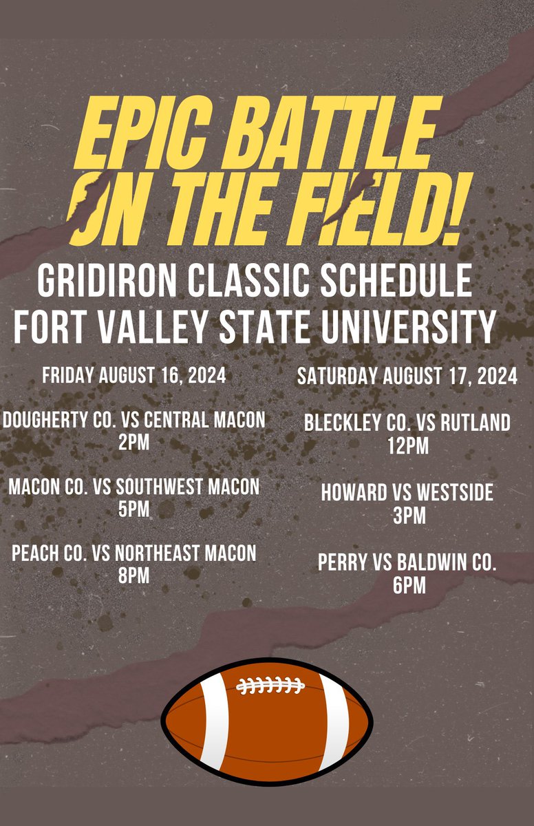 Let’s pack the <a href="/FVSU/">Fort Valley State University</a> stadium!!! Spread the word and come see some great football.. It’s going to be an epic battle. <a href="/BibbAthletics/">Bibb Athletics</a> <a href="/BibbSchools/">Bibb County Schools</a> <a href="/sportsguymarv/">Marvin L James II</a> <a href="/OfficialGHSA/">GHSA</a> <a href="/CarlosStephens_/">Carlos Stephens</a> <a href="/CentralGaSports/">Central Georgia Sports Report</a> <a href="/41NBCSports/">41NBC Sports</a> <a href="/MCAOFGA/">Minority Coaches Assoc of GA</a>