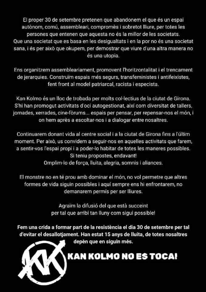 Kan Kolomo no es toca!
💥El 30 de setembre aturem el desallotjament.
OKUPA I RESISTEIX!