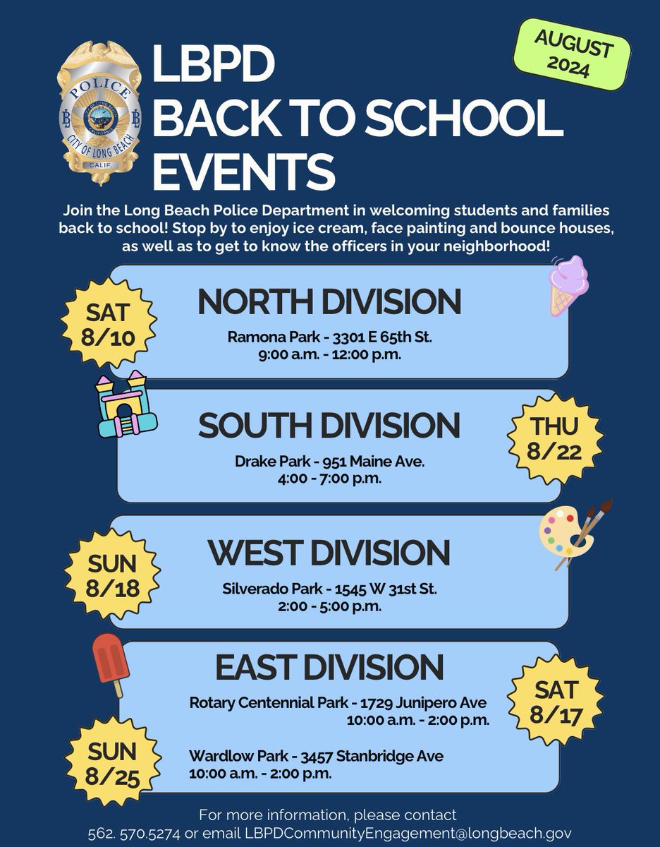 Are you ready to ditch the flip flops and return to school? Join East Division officers and Explorers for our back-to-school ice cream socials and let’s give summer a sweet goodbye! #LBPDEAST