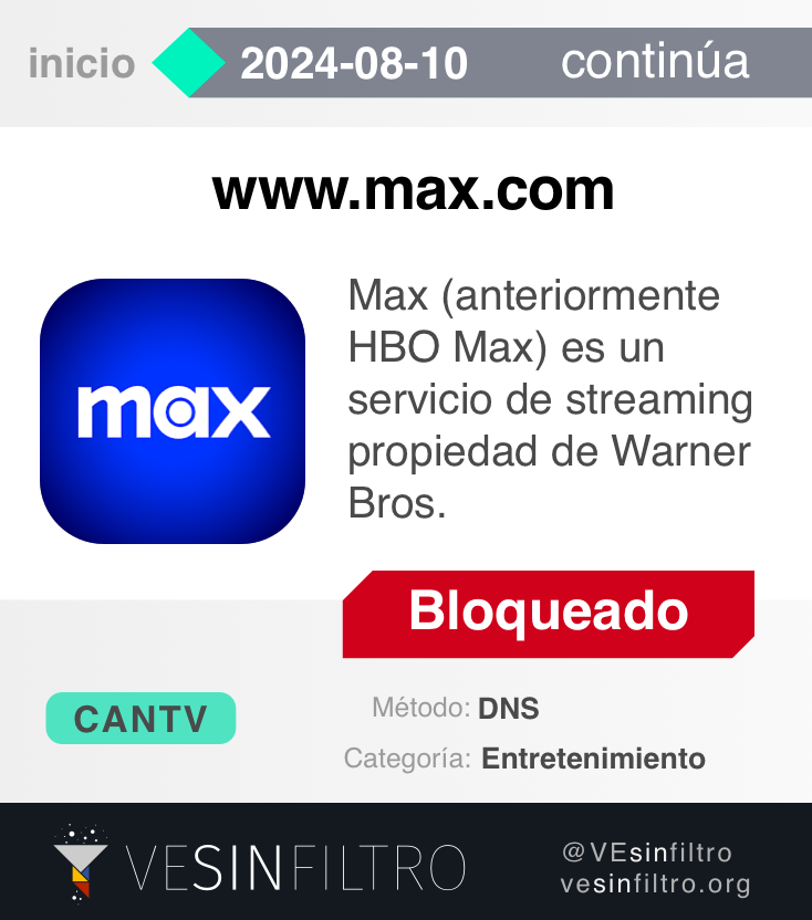 vesinfiltro's tweet image. 🚨 #CANTV está bloqueando plataformas de streaming @StreamMaxLA y @disneyplusla desde hace días.

Tanto Max, como Disney+ sufren un bloqueo DNS en CANTV.

No hay una explicación oficial hasta el momento de estos bloqueos a plataformas de entretenimiento.
