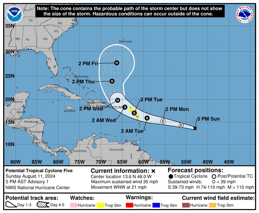 VortixWx's tweet photo. #tropicswx |
So PTC #05L’s forecast cone is here & the peak is set at 110mph (95kts) to the S of #Bermuda, a high end C2. 100-200mm (4-8in) of rain is expected for the Lesser Antilles where TS Watches have been posted. Gotta watch this system closely as it’s expected to become a TS on Tuesday.