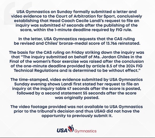 cheerUPDATES's tweet photo. Happening Now. 

Following a ruling that would strip Jordan Chiles of her individual bronze medal, @USAGym formally submits an appeal with video evidence that their inquiry occurred twice prior to the 1 minute challenge rule. 

Regardless the judges were still wrong. https://t.co/qHyDTHAs4i