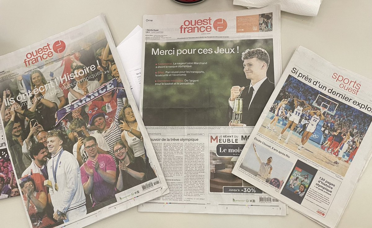 A VOS KIOSQUES ! Lundi matin numéro spécial collector de <a href="/OuestFrance/">Ouest-France</a> jacquette 4 pages + journal + cahier sport spécial JO … 15 jours de mobilisation exceptionnelle de toute la rédaction du 1er quotidien français … <a href="/sports_ouest/">Ouest-France Sports</a>