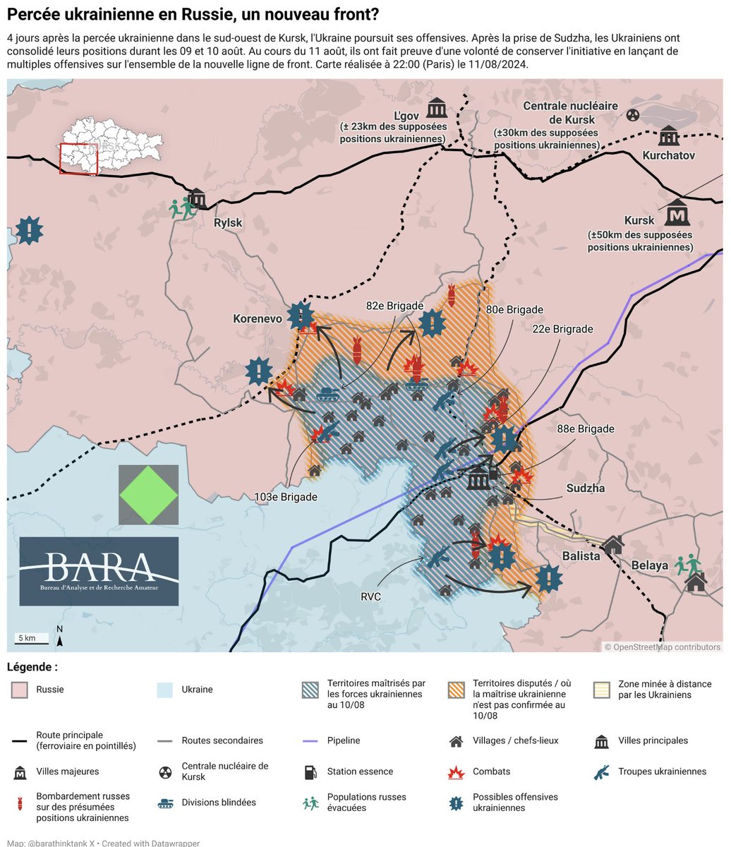 🇺🇦🇷🇺 Carte et point de situation sur l'offensive ukrainienne dans l'oblast de #Kursk au 11/08/2024 avec <a href="/barathinktank/">BARA</a>.

👉 L'offensive ukrainienne se poursuit aujourdhui encore dans l'oblast de Kursk en Russie, en effet on note de nouvelles "avancées" de groupes de combat