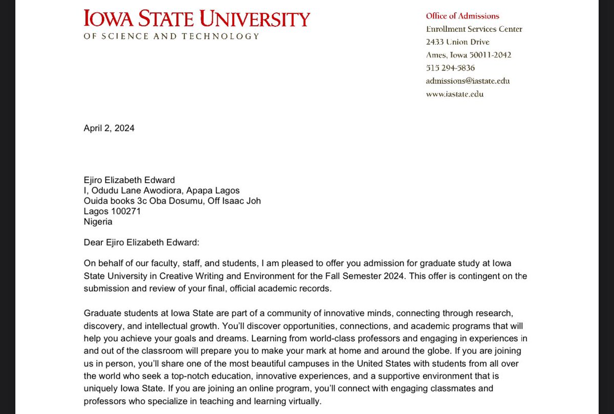 Ejiroedward552's tweet photo. I am extremely pleased to announce that I got a fully funded scholarship to pursue a masters degree at Iowa State University. I was also given the Pearl Hogrefe Award🫢. I look forward to pouring my heart into what I love doing the most 🥹❤️ https://t.co/2lEnWUFOzJ