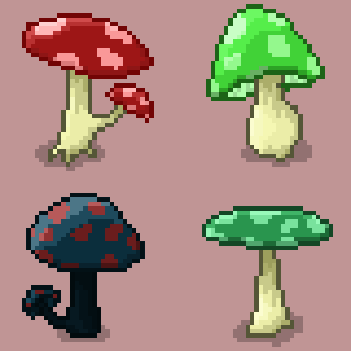 red64552's tweet photo. I had so much fun creating these pixelated fungi. Which one is your favorite?  🍄 🖌️
#pixelart #pixel #color #paint #draw #art #artist #NFT 
#game 
I raised the quality and drew them again 🤩 https://t.co/aqtwHcWbdS