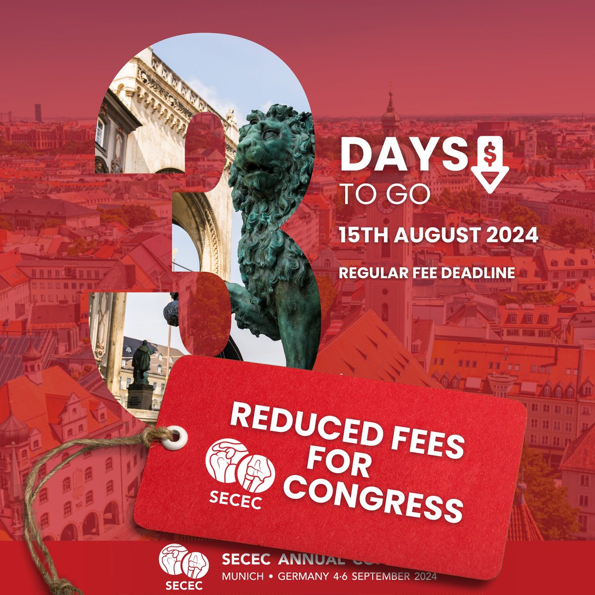 𝐇𝐔𝐔𝐔𝐔𝐔𝐑𝐑𝐘 𝐔𝐏! 3 days left with Regular Fee registration rate for SECEC ANNUAL CONGRESS in Munich! We know you are planning to join us in Munich so why pay more - do it NOW 💪😊 See you all in Munich, Germany - we can’t wait 🇩🇪💪 lnkd.in/d7rV5dbf