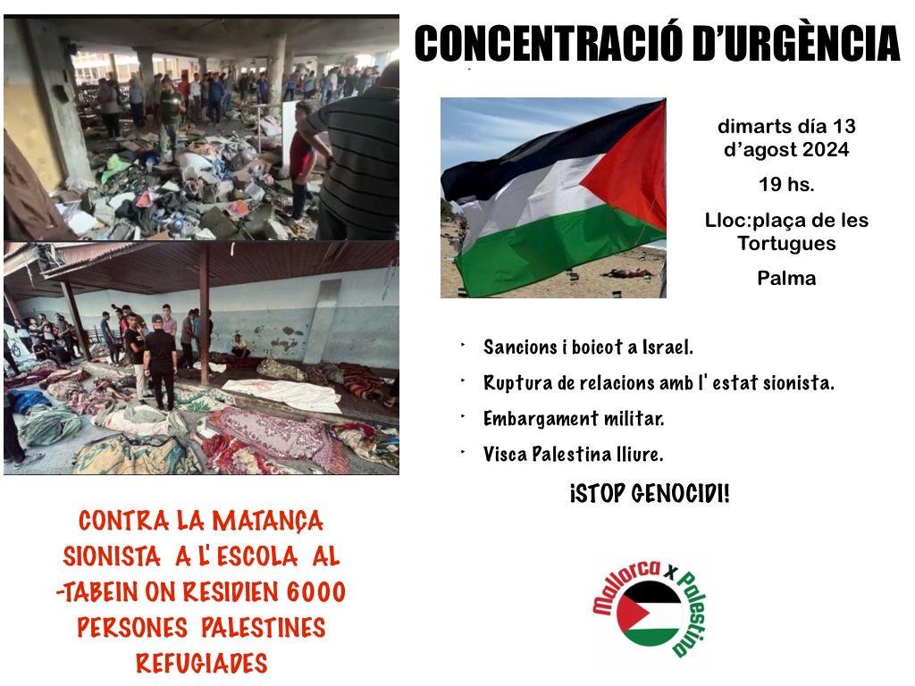 📢 CONCENTRACIÓ D'URGÈNCIA‼️
🔴 Davant la nova massacre sionista a l'escola Al Tabein, a Ciutat de Gaza 🔴
🇵🇸 Boicot i sancions a Israel
🇵🇸 Ruptura de relacions amb l'entitat sionista
🇵🇸 Stop venda d'armes
📅 Dimarts 13 d'agost, 19h
📍 Pça de les Tortugues #AturemElGenocidi #BDS
