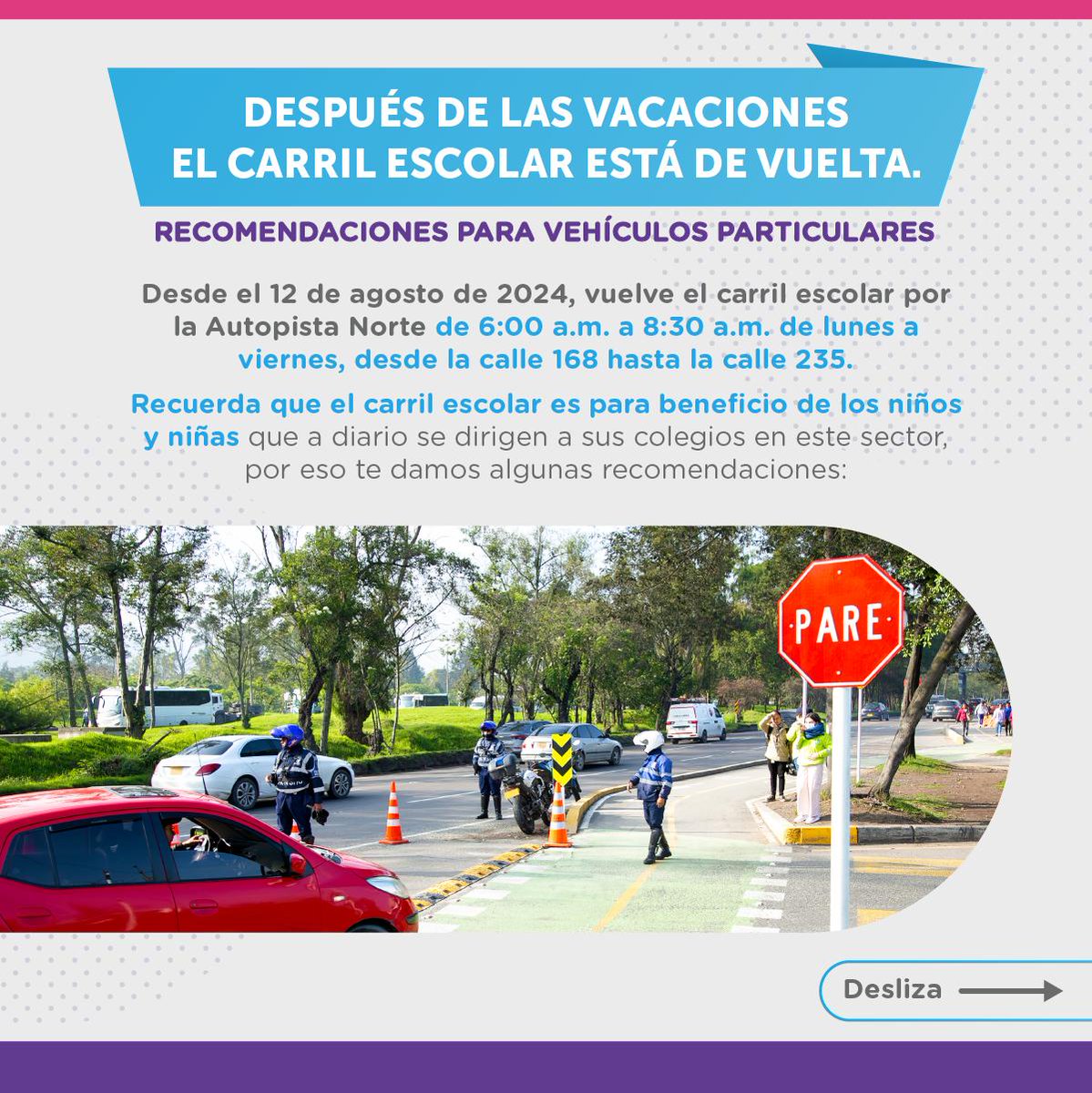 SectorMovilidad's tweet photo. 📢A partir de hoy vuelve el carril escolar en la Autopista Norte, una iniciativa que promueve la #MovilidadSegura y eficiente de los y las estudiantes. 

🚍Recuerda que funciona de lunes a viernes de 6:00 a.m. a 8:30 a.m., desde la cll 168 hasta la cll 235. https://t.co/gKkOBuzDwN