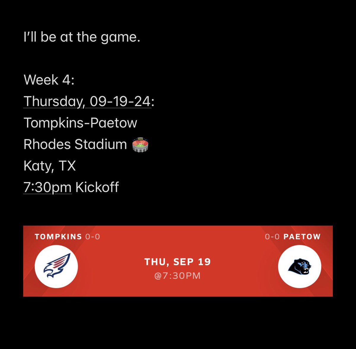 MarkRussellQB's tweet image. I’ll be at the game.

Week 4:
Thursday, 09-19-24:
Tompkins-Paetow
Rhodes Stadium 🏟️ 
Katy, TX
7:30pm Kickoff

@najehwilk
@baconnetworkllc
@Marchen44

@JThierheimer
@othsfalconfb

#txhsfb
#HighSchoolFootball
#ThursdayNightLights
#TexasFB
#KatyISDFootball
#HoustonFootball