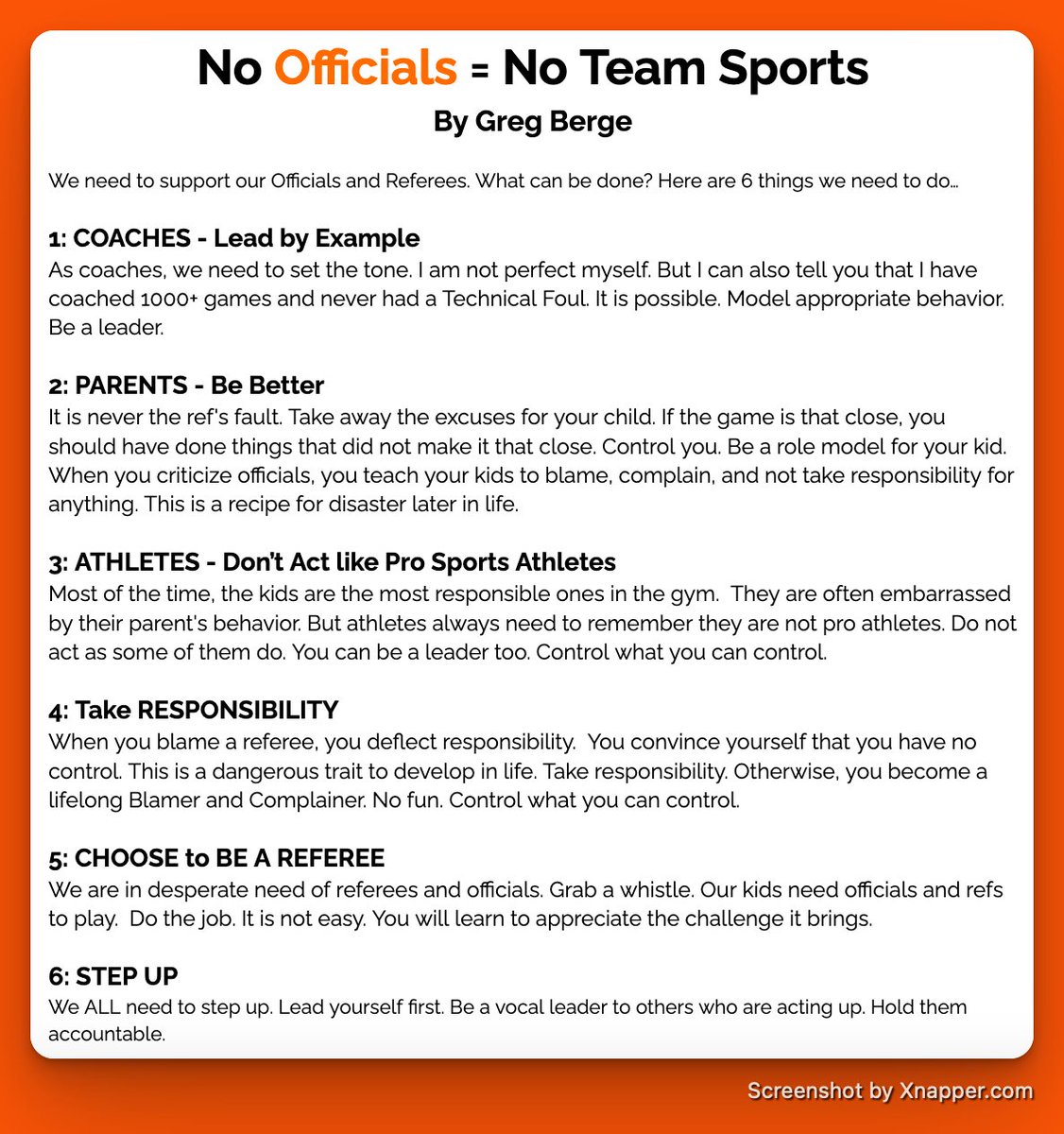 Officials and Referees are getting hard to find.

And...

No Officials = No Team Sports.

As we start the fall sports season, we all must do our part to be better.

What can we do?

Here are six things...

1: COACHES - Lead by Example
As coaches, we need to set the tone. Players