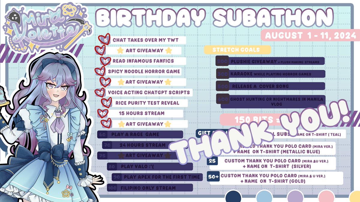 Birthday Subathon Done! 🥳

Thank you so much to everyone who kept me company, stopped by my streams and of course, subbed &amp; gifted subs🩵🩵

We managed to reach the subgoal for 50! A lot of fun streams coming up and 3 art giveaways?!?! 🤯

Stay Tuned for the announcements!
