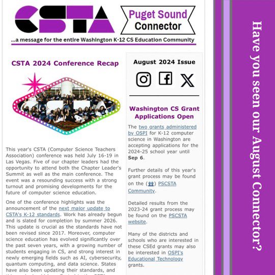 Looking for a way to start your week?Check out our August Connector.

pugetsound.csteachers.org/bulletin/views… 

As always please share our page and connector to anyone you think could use it! We hope you have a great rest of your week☀️🎉

#csta #pscsta #teach #teachcs #ed #education #wa #cs