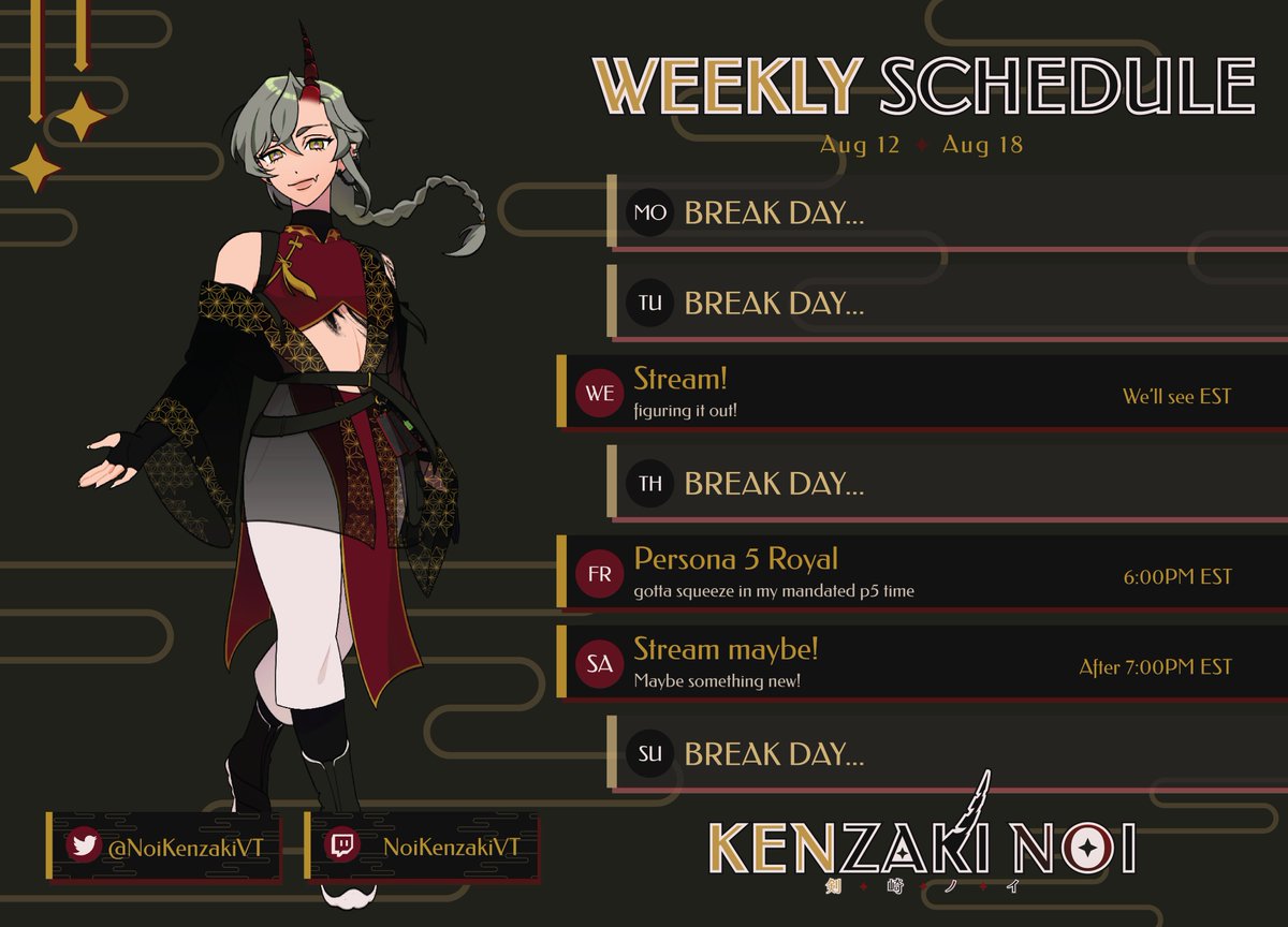 NoiKenzakiVT's tweet photo. Schedule for 8/12- 8/18 πβ¨
Still a little rough for in the weeks to come, August plans and stuff too. We'll see how the week goes!! Thanks everyone!
Twitch: https://t.co/tRXhgGHZdV
Live Tag: #LiveNOIse
Art Tag: #KenzARTki https://t.co/XWdsDUSKze