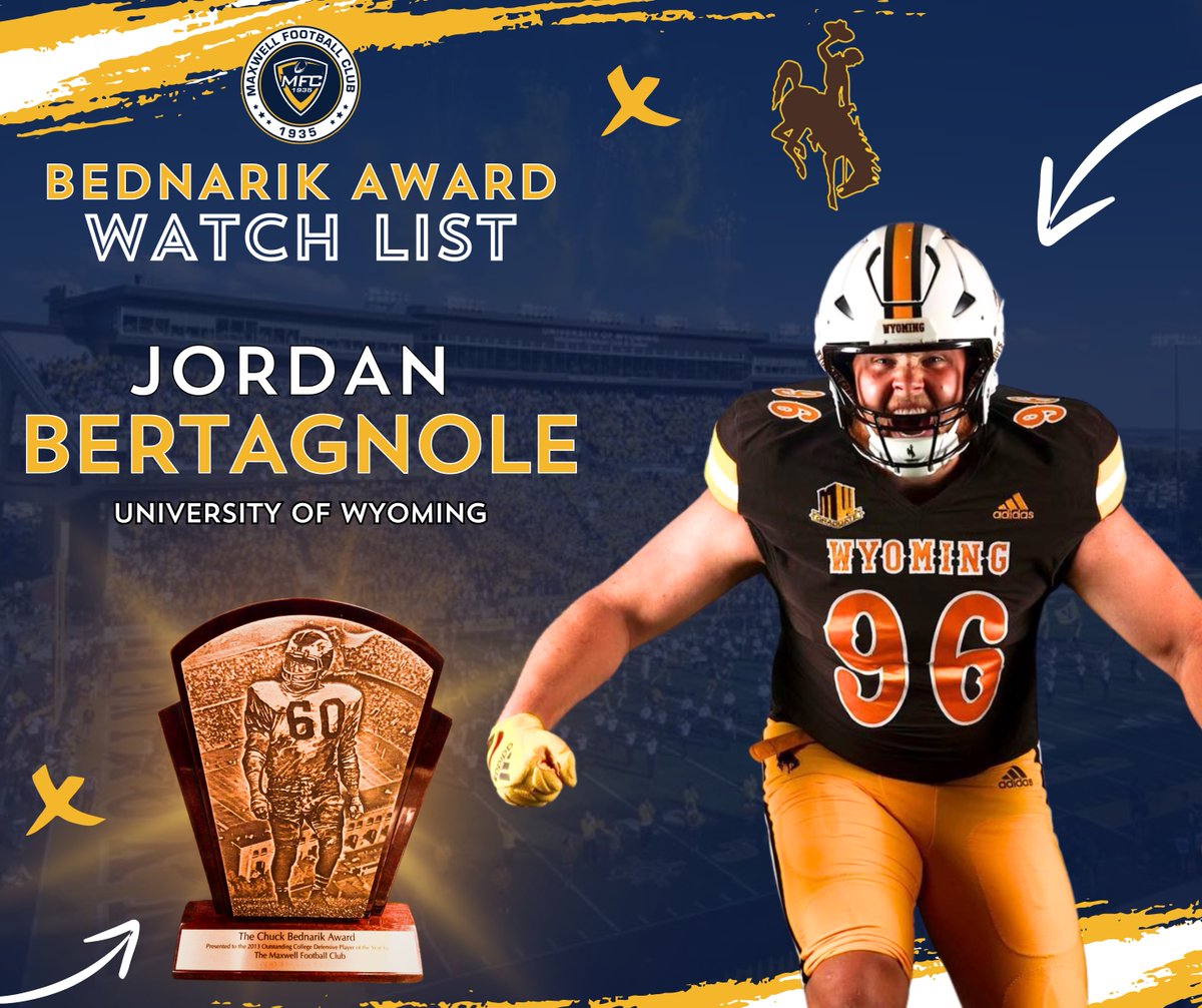🏈 <a href="/wyo_football/">Wyoming Cowboy Football</a>'s <a href="/JBertagnole/">Jordan Bertagnole</a> has been named to the 2024 #BednarikAward Watch list.

#MaxwellFootball

<a href="/CFBDawgs/">College Football Dawgs</a>