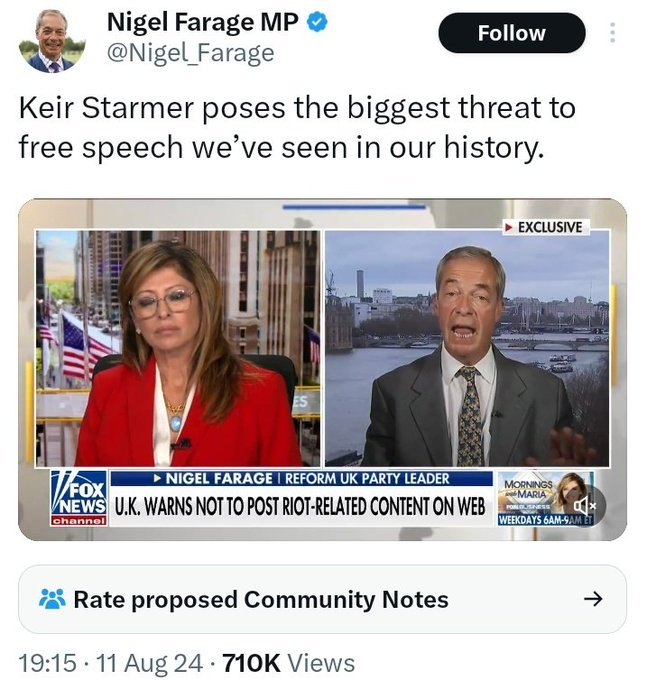 docrussjackson's tweet photo. There is no free speech crisis in Britain. Anyone who thinks or claims that there is, either knows fuck all about British law, or (more likely) is a shit-stirring far-right gobshite who thinks it's OK to incite racist violence against migrants &amp; Muslims.

Read the🧵

#FarageRiots https://t.co/ogdJuRJzxe