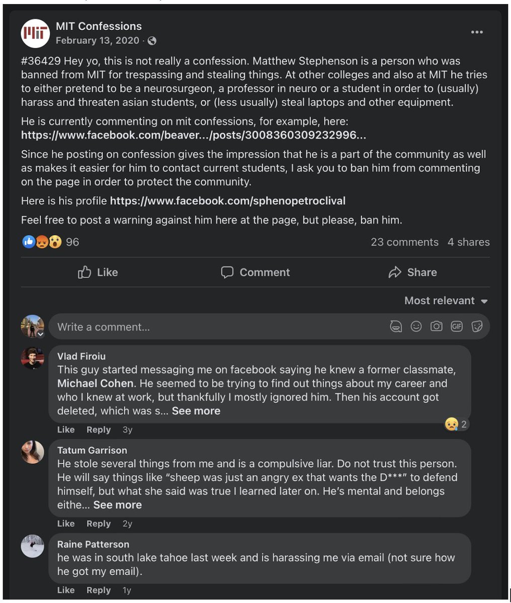 StephensonAlert's tweet image. Matthew was banned from MIT campus for theft, harassment and impersonating as a student, staff or a neurosurgeon and exposed on MIT Confessions 

Other MIT students have also reported inappropriate encounters with MJS